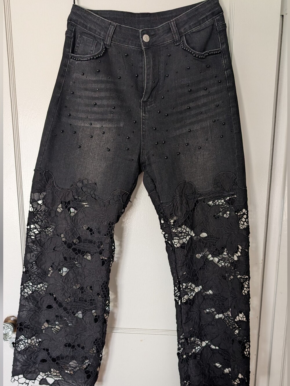 Black Lace Panel Women's Jeans with Beaded Detail